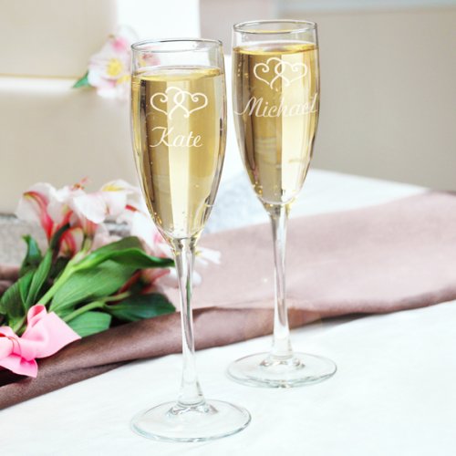 Personalized Double Hearts Toasting Flutes