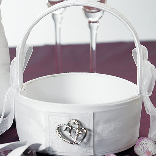 Classic Double Heart White Flower Girl Basket
