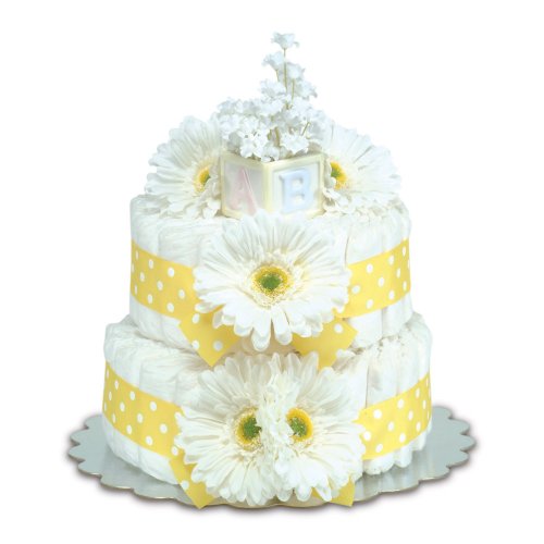 Two-Tier Yellow Gerbera Daisies with Polka Dots Diaper Cake