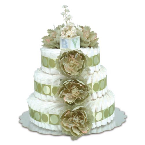 Three-Tier Sage Green Peonies with Sage Circles Diaper Cake