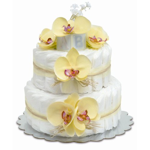Two-Tier Yellow Orchids with Natural Raffia Diaper Cake
