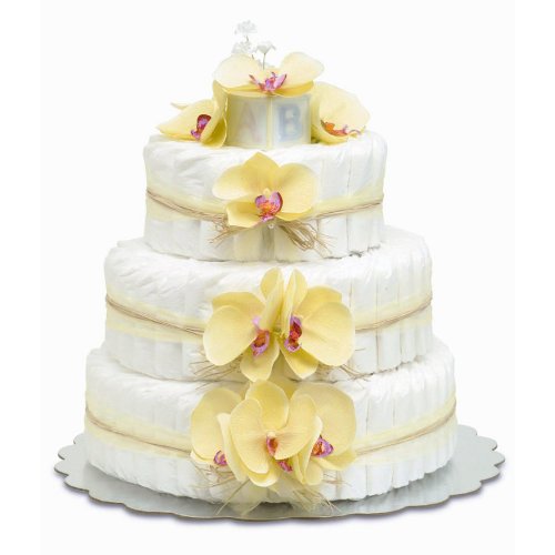Three-Tier Yellow Orchids with Natural Raffia Diaper Cake