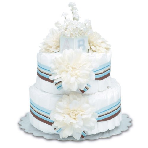 Two-Tier Cream Dahlias with Blue Stripes Diaper Cake