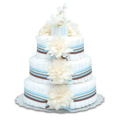 Three-Tier Cream Dahlias with Blue Stripes Diaper Cake