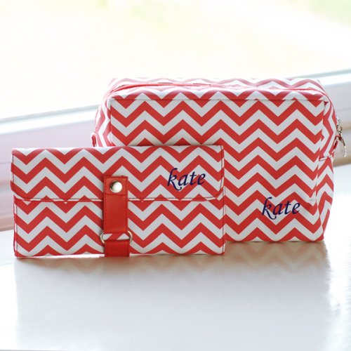 Personalized Chevron Spa Bag and Makeup Roll Set