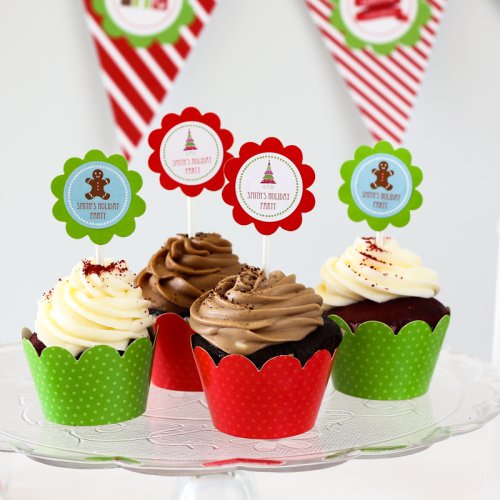 Personalized Holiday Themed Cupcake Wrappers and Toppers