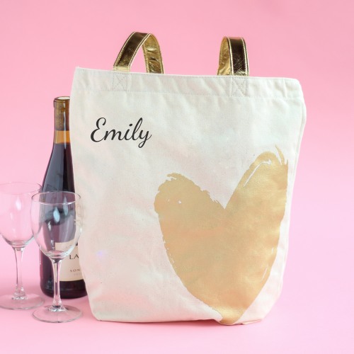 Personalized Metallic Gold Heart Tote Bag