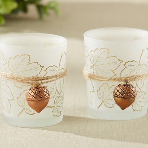 Leaf Print Tealight Holder with Copper Acorn Charm