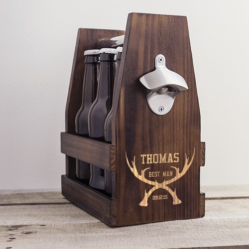 Personalized Rustic Antler Beer Carrier with Bottle Opener