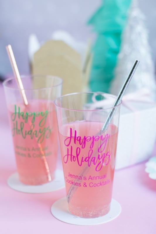 Personalized holiday Christmas cups for a pink Christmas or kitsch Christmas. 