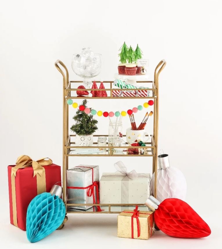 christmas bar cart, holiday bar cart, bar cart, christmas party, ornament making party 