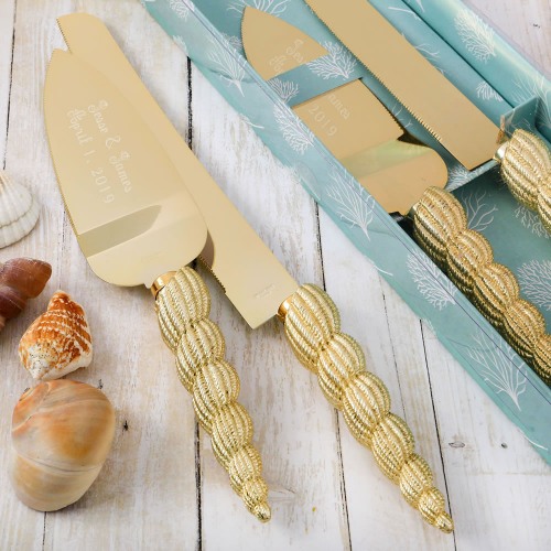 Conch Sea Shell Knife and Engraved Sever Set