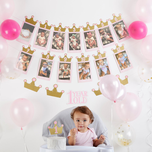 1st Birthday Princess Milestone Photo Banner & Cake Topper