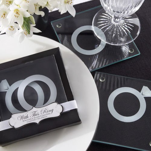 Wedding Ring Glass Coaster Favors, "With this Ring" Stackable Coasters