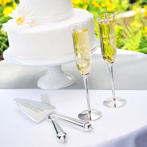 Personalized Classic Champagne Flutes and Cake Server Set