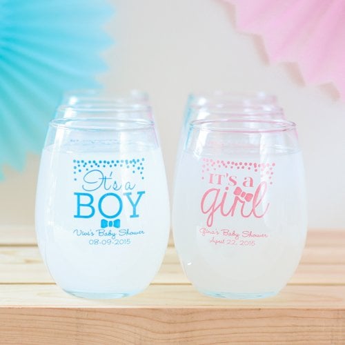 Personalized wine glasses for a baby shower | baby shower theme ideas