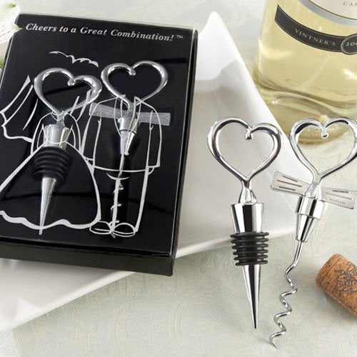 Bride and Groom Heart Wine Stopper and Corkscrew Set