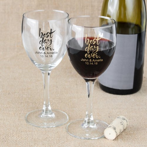 Personalized 8.5 oz wine glasses can be personalized with your choice of design (some exclusive to Beau-coup) along with your names and wedding date in a variet