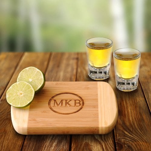 Personalized Bamboo Bar Board and Shot Glass Set