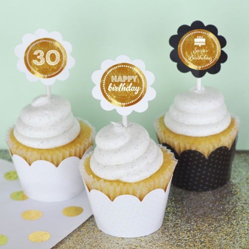 Personalized Birthday Metallic Foil Cupcake Wrappers & Toppers