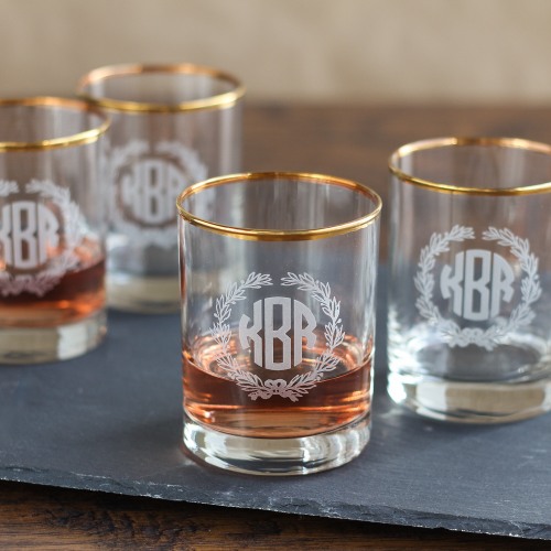 Personalized Gold Rimmed Double Old Fashioned Set
