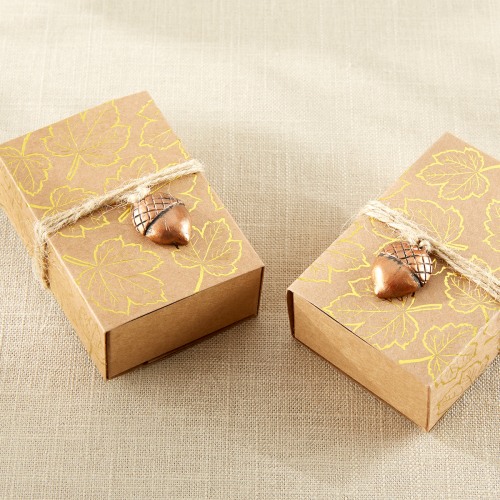 Gold Foil Leaf Print Kraft Favor Box with Acorn Charm