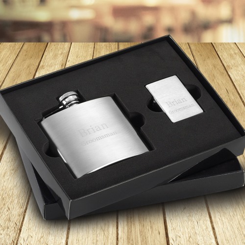 Personalized Brushed Flask and Lighter Set